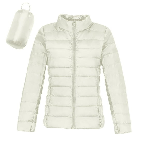 felwors Puffer Jacket Women Casual Feather Lightweight Down Jackets Packable Solid Color Puffer Coats With Storage Bag Winter White, L