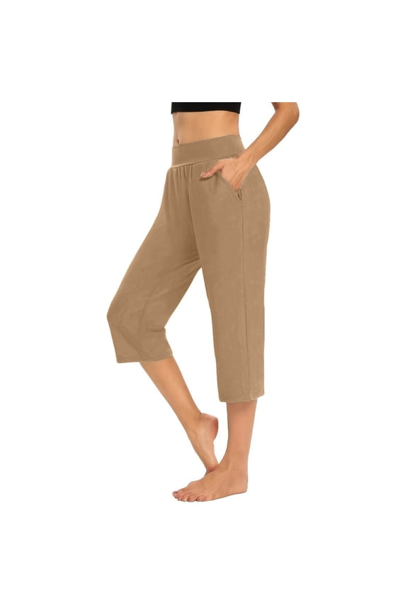 Pull On Capris for Women Dressy Casual Stretch Lightweight Capri Elastic High Waist Lounge Pants 2026 Summer (Khaki, L)