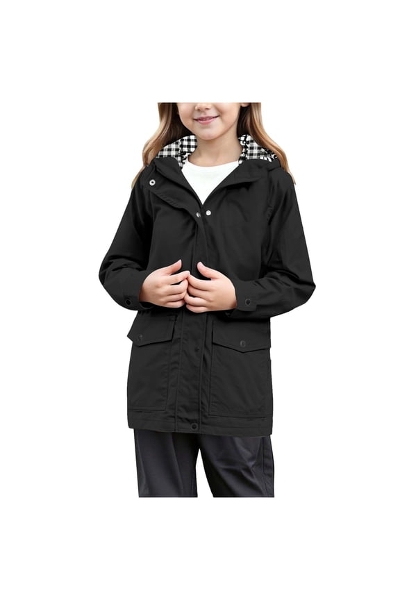 Rain Jacket for Tween Girls Waterproof Hooded Raincoats Full Zip Lightweight Windbreaker Striped Lined Hoodie Windproof Coat Black, 9-10 Years