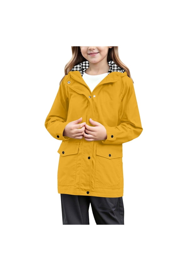 Rain Jacket for Tween Girls Waterproof Hooded Raincoats Full Zip Lightweight Windbreaker Striped Lined Hoodie Windproof Coat Yellow, 13-14 Years