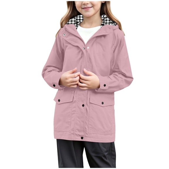 felwors Rain Jacket for Tween Girls Waterproof Hooded Raincoats Full Zip Lightweight Windbreaker Striped Lined Hoodie Windproof Coat Pink, 9-10 Years