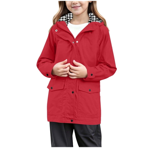 felwors Rain Jacket for Tween Girls Waterproof Hooded Raincoats Full Zip Lightweight Windbreaker Striped Lined Hoodie Windproof Coat Red, 9-10 Years