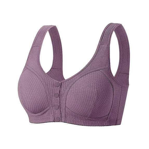 felwors Ribbed Bras for Women Front Closure No Underwire Comfort Senior Wireless Snap Closing Bra(GY1, 42)