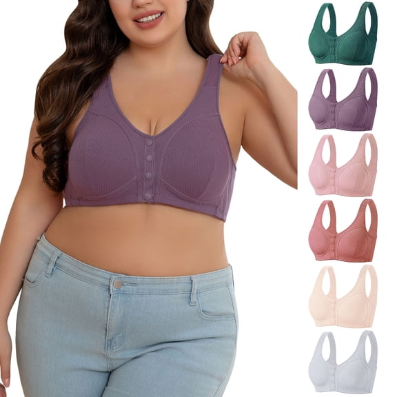 felwors Ribbed Bras for Women Front Closure No Underwire Comfort Senior Wireless Snap Closing Bra(GY2, 62)