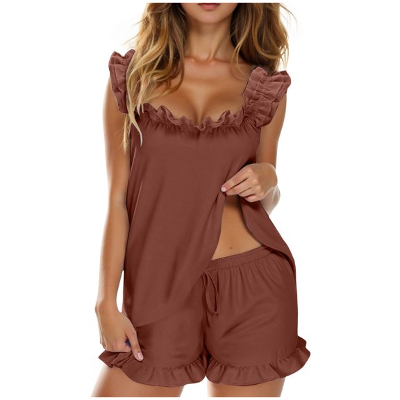 felwors Ruffle Pajamas for Women Y2k Soft Tank Top And Shorts Sleepwear Set Bridal Pajama for Women 2 Piece Sleep Set Brown, S