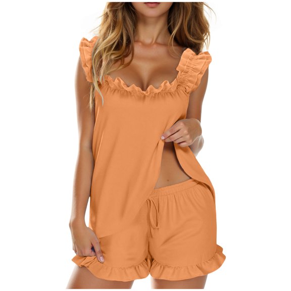 felwors Ruffle Pajamas for Women Y2k Soft Tank Top And Shorts Sleepwear Set Bridal Pajama for Women 2 Piece Sleep Set Yellow, S