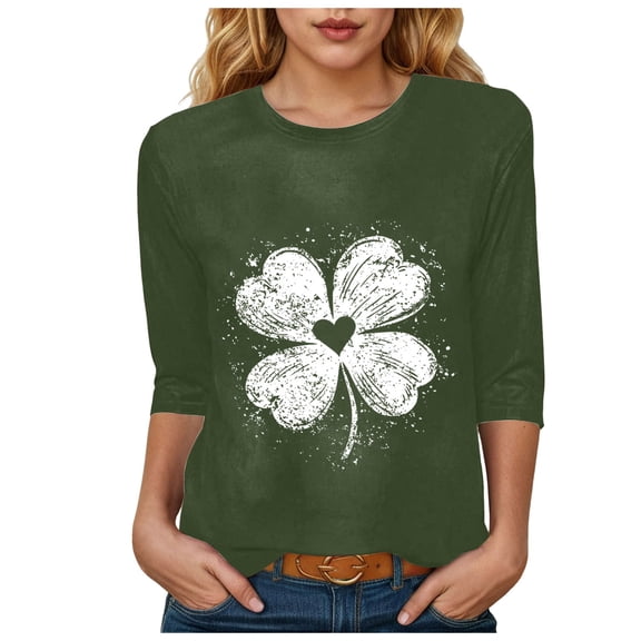 felwors Saint Patricks Day for Women Lucky Shamrock 3/4 Sleeve Shirt Funny Irish Graphic Tee Spring Party Tops (Army Green, S)