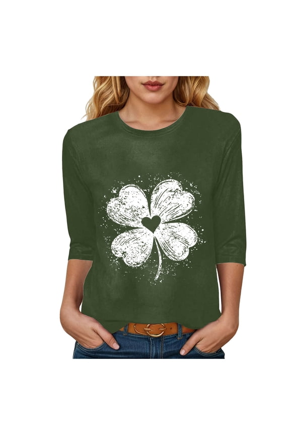 Saint Patricks Day for Women Lucky Shamrock 3/4 Sleeve Shirt Funny Irish Graphic Tee Spring Party Tops (Army Green, S)