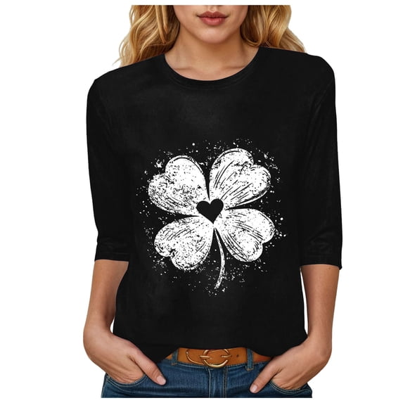 felwors Saint Patricks Day for Women Lucky Shamrock 3/4 Sleeve Shirt Funny Irish Graphic Tee Spring Party Tops (Black, S)
