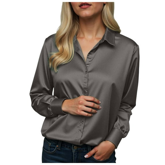 felwors Satin Blouses for Women Silk Button Down Shirts Long Sleeve Business Casual Tops Dark Gray, XL