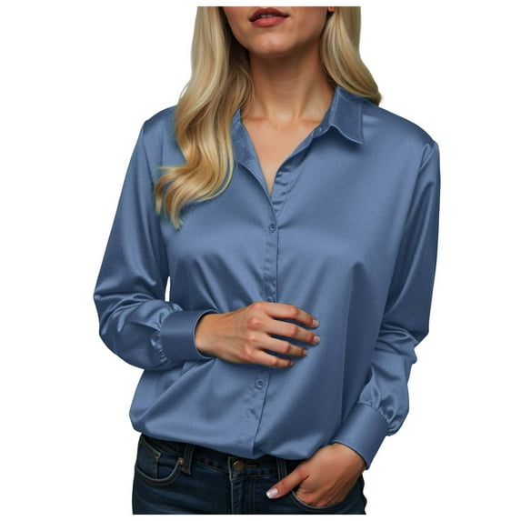 felwors Satin Blouses for Women Silk Button Down Shirts Long Sleeve Business Casual Tops Navy, L