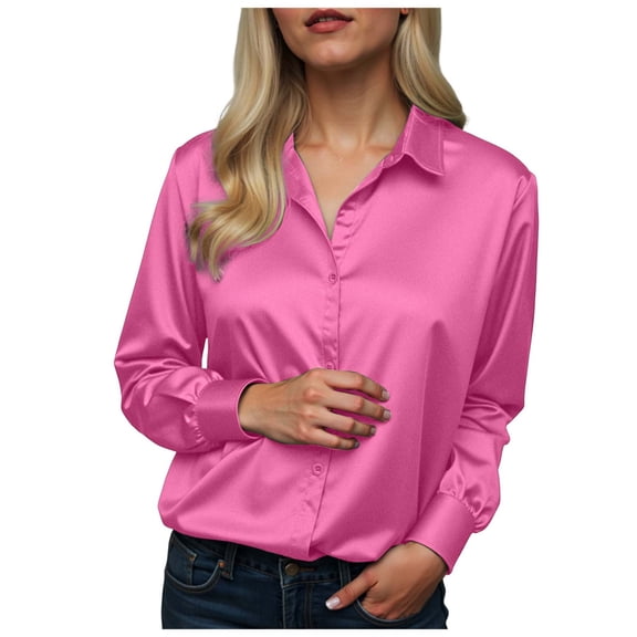 felwors Satin Blouses for Women Silk Button Down Shirts Long Sleeve Business Casual Tops Pink, S