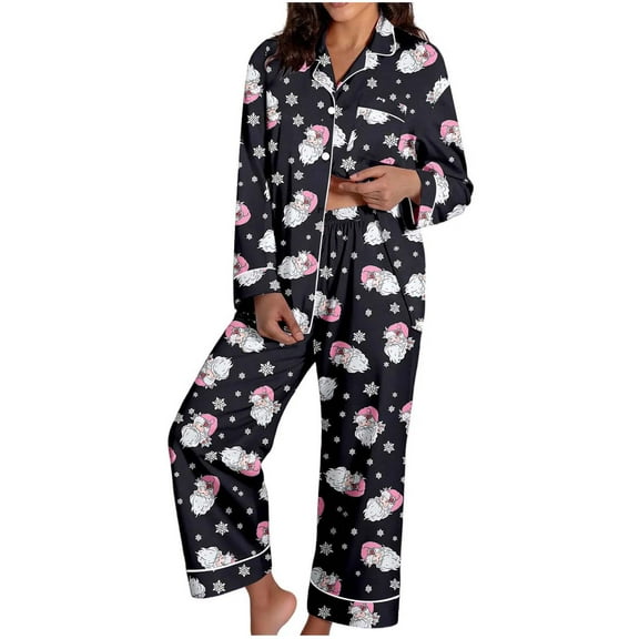 felwors Satin Christmas Pajamas Set for Women Santa 2 Piece Silk Pjs Set Long Sleeve Button Up Shirt Pants Lounge Sets Black, S