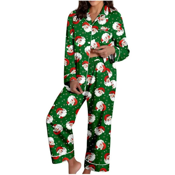 felwors Satin Christmas Pajamas Set for Women Santa 2 Piece Silk Pjs Set Long Sleeve Button Up Shirt Pants Lounge Sets Green, S