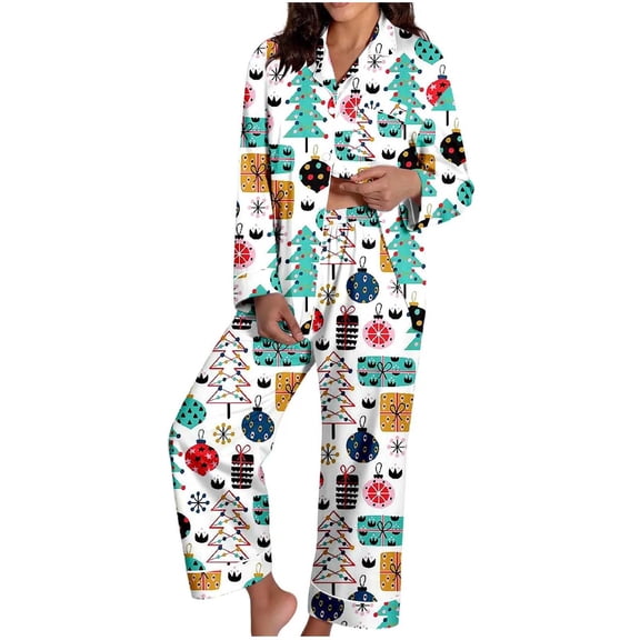 felwors Satin Christmas Pajamas Set for Women Santa 2 Piece Silk Pjs Set Long Sleeve Button Up Shirt Pants Lounge Sets Light Blue, S