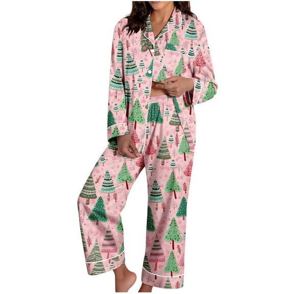felwors Satin Christmas Pajamas Set for Women Santa 2 Piece Silk Pjs Set Long Sleeve Button Up Shirt Pants Lounge Sets Light Green, L