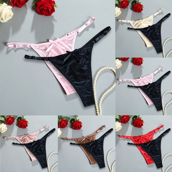 felwors Satin G String Thongs 2-Pack for Women Sexy Plus Size Panties Low Rise Underwear Cheeky Chain Bikini Hipsters(Pink, M)