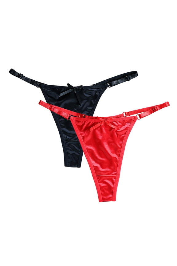 Satin G String Thongs 2-Pack for Women Sexy Plus Size Panties Low Rise Underwear Cheeky Chain Bikini Hipsters(Red, S)