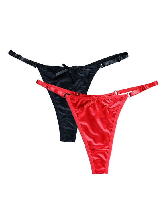 Satin G String Thongs 2-Pack for Women Sexy Plus Size Panties Low Rise Underwear Cheeky Chain Bikini Hipsters(Red, S)