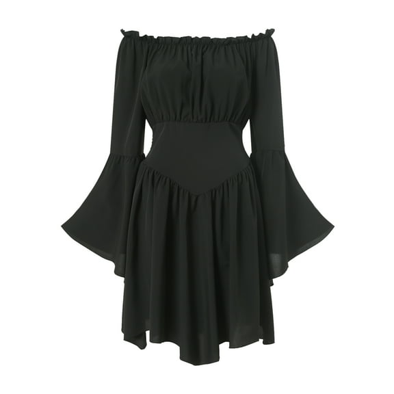 felwors Scarlet Darkness Women Renaissance Costume Dress Off Shoulder Bell Sleeve Handkerchief Dress Black, XL