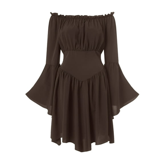 felwors Scarlet Darkness Women Renaissance Costume Dress Off Shoulder Bell Sleeve Handkerchief Dress Coffee, M