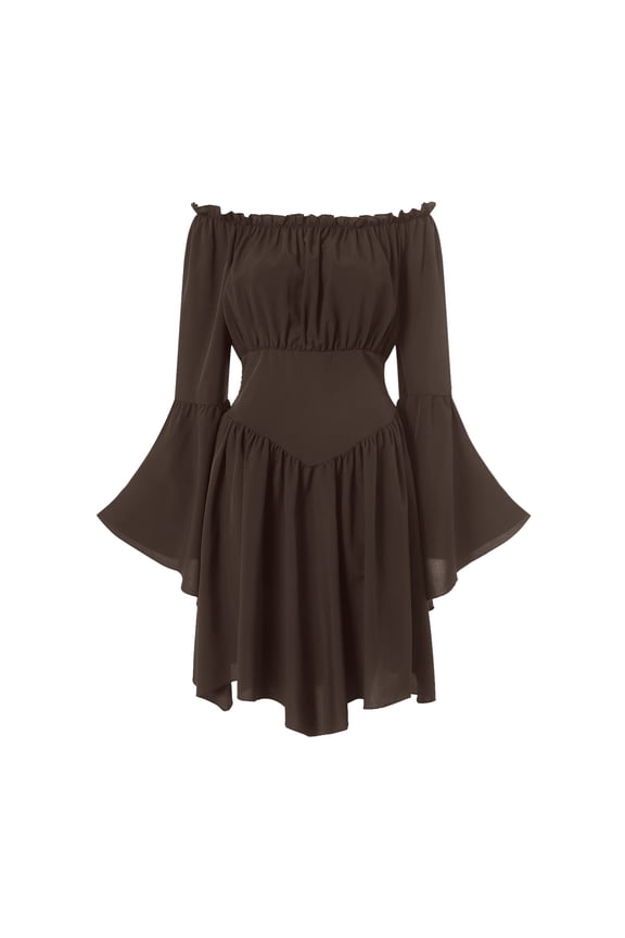 Scarlet Darkness Women Renaissance Costume Dress Off Shoulder Bell Sleeve Handkerchief Dress Coffee, M