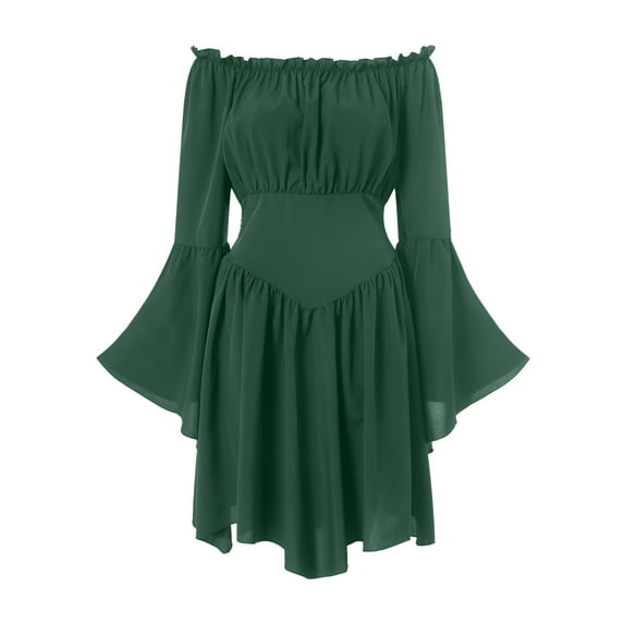 felwors Scarlet Darkness Women Renaissance Costume Dress Off Shoulder Bell Sleeve Handkerchief Dress Green, L