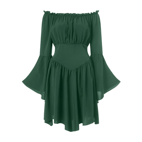 felwors Scarlet Darkness Women Renaissance Costume Dress Off Shoulder Bell Sleeve Handkerchief Dress Green, XL