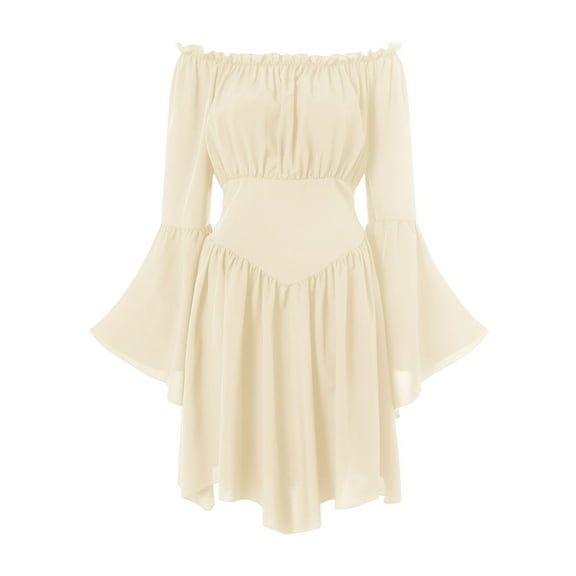 felwors Scarlet Darkness Women Renaissance Costume Dress Off Shoulder Bell Sleeve Handkerchief Dress Khaki, S