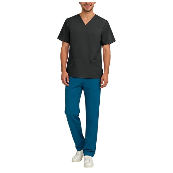 felwors Scrub Set for Men from, 4 Pocket V-Neck Scrub Top with 5 Pocket Tapered Leg Fly Front Cargo Pant (Black, L)