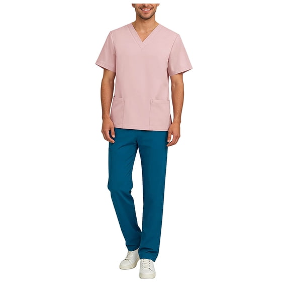 felwors Scrub Set for Men from, 4 Pocket V-Neck Scrub Top with 5 Pocket Tapered Leg Fly Front Cargo Pant (Light Pink, L)