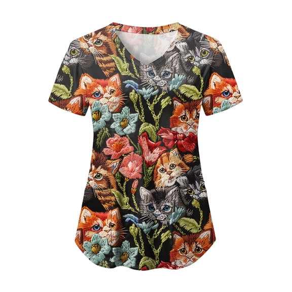 felwors Scrub Tops Women Funny Print V Neck Short Sleeve Shirts Stretch Anti Nursing Uniform (Orange, M)