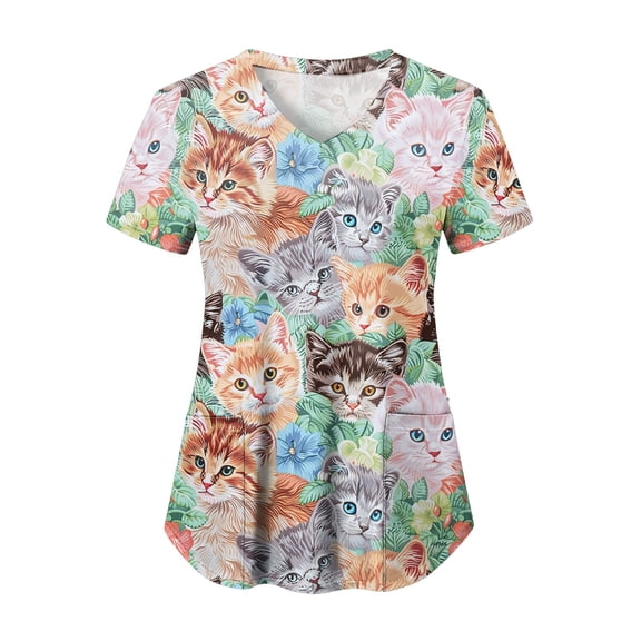 felwors Scrub Tops Women Funny Print V Neck Short Sleeve Shirts Stretch Anti Nursing Uniform (Sky Blue, M)