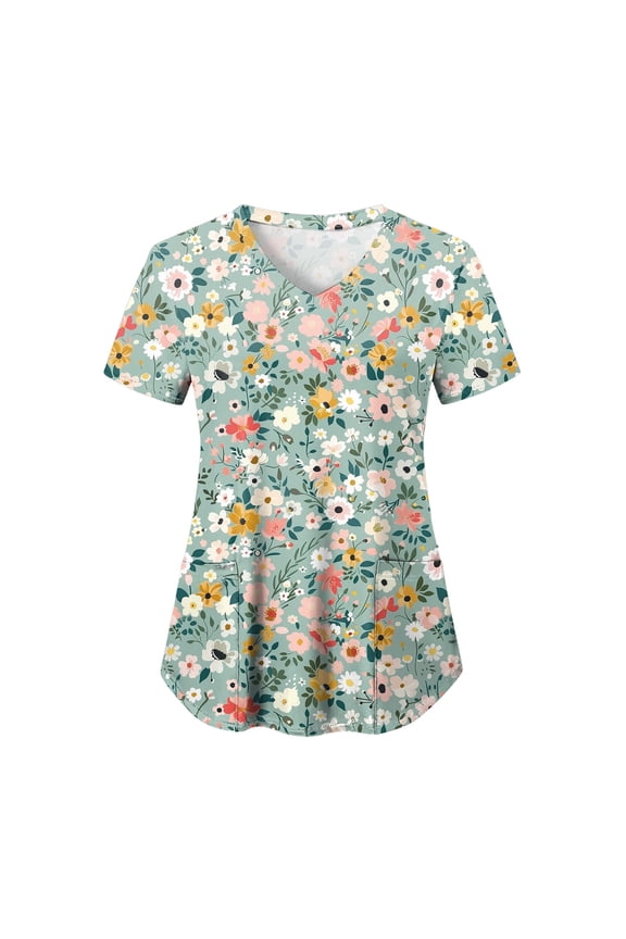 Scrub Tops Women Short Sleeve Plus Size V-Neck Fun Printed Scrubs Top Medical Nursing Uniforms with Pockets S-5Xl (Sky Blue, M)