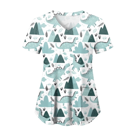felwors Scrub Tops Women Short Sleeve V-Neck Holiday Printed Medical Nurse Uniforms Scrub Tops Shirt with Pockets (Sky Blue, S)