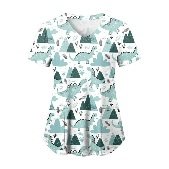 felwors Scrub Tops Women Short Sleeve V-Neck Holiday Printed Medical Nurse Uniforms Scrub Tops Shirt with Pockets (Sky Blue, XL)