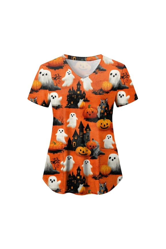 Scrub Tops Women V Neck Pumpkin Nursing Uniforms with Pockets Orange for Size M