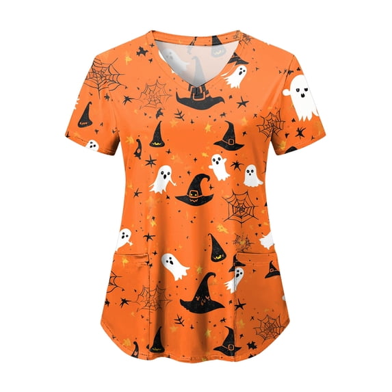 felwors Scrub Tops Women V Neck Pumpkin Printed Uniform with Pockets Orange for Size S