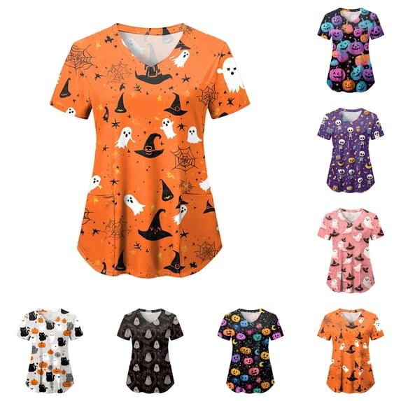 felwors Scrub Tops Women V Neck Pumpkin Printed Uniform with Pockets Purple for Size L