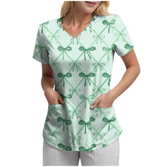 felwors Scrub Tops for Women Plus Size Stretch V Neck Short Sleeve Nursing Scrub Shirts Lightweight Medical Uniform (Light Green, L)