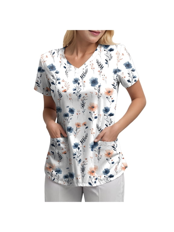 Printed Scrub Tops Women V Neck Short Sleeve Plus Size Scrubs for Womens Nursing Uniforms Shirts with Pockets (Orange, L)