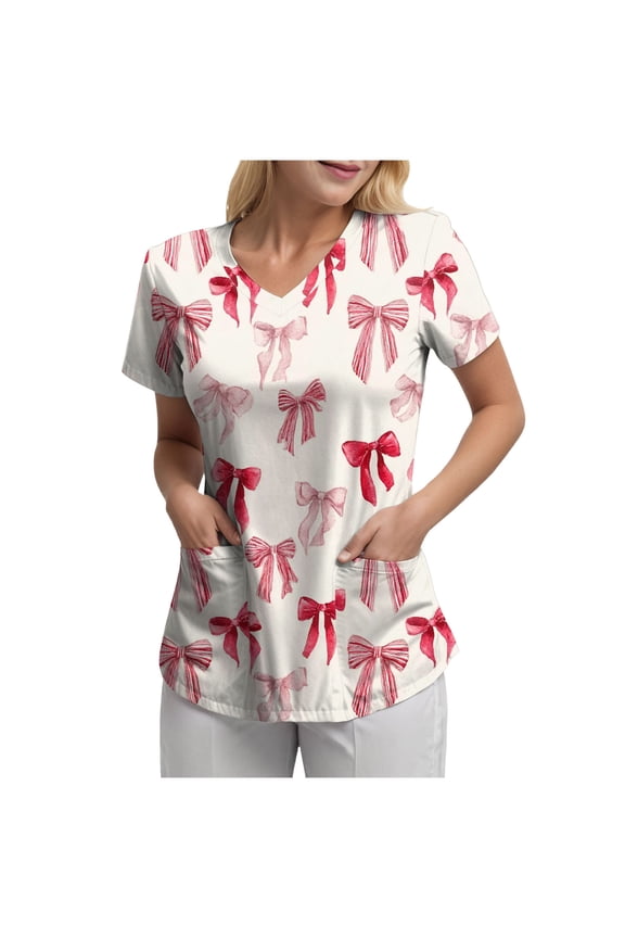 Scrub Tops for Women Plus Size Stretch V Neck Short Sleeve Nursing Scrub Shirts Lightweight Medical Uniform (White, XL)