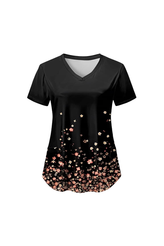 Scrub Tops for Women Stretchy Vneck Short Sleeve Cute Floral Animal Printed Holiday Nursing Pocketed Working Uniforms (Black, XXL)