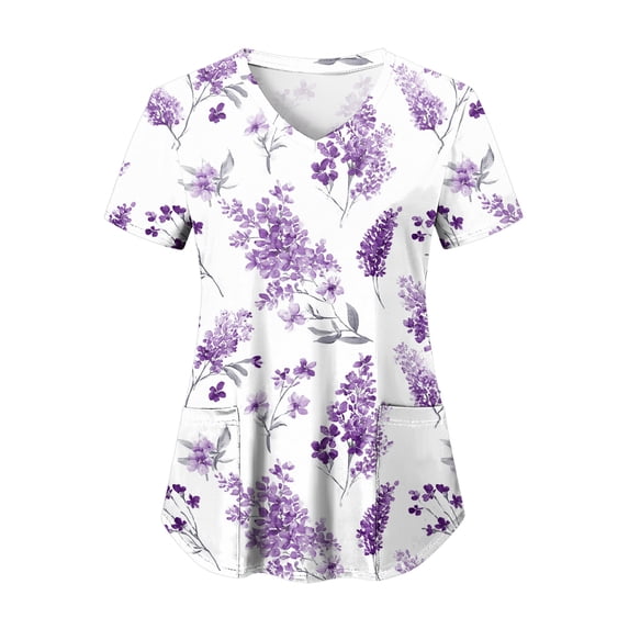 felwors Scrubs Women Comfortable Lightweight Soft Stretch Printed V-Neck Short Sleeve Medical Scrub Top Light Purple L
