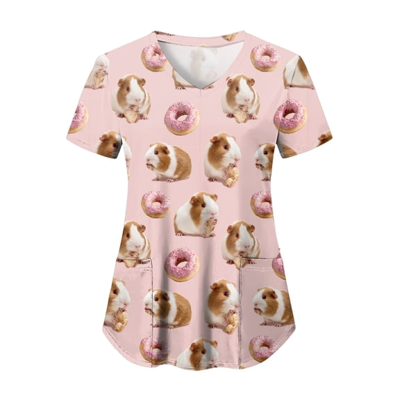 felwors Scrubs for Women Animal Print Tops Short Sleeve Cartoon Pattern V Neck Stretchy Nursing Uniform with Pockets (Light Pink, XXXL)
