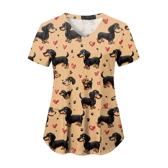 felwors Scrubs for Women Animal Print Tops Short Sleeve Cartoon Pattern V Neck Stretchy Nursing Uniform with Pockets (Orange, XXXL)