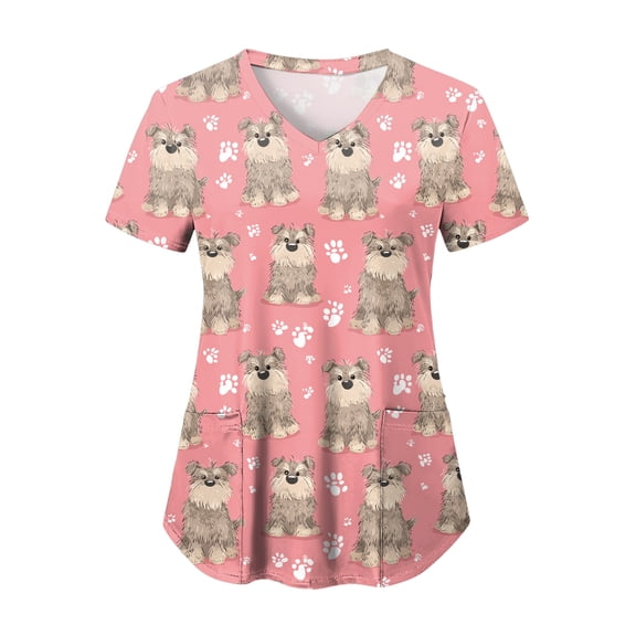 felwors Scrubs for Women Animal Print Tops Short Sleeve Cartoon Pattern V Neck Stretchy Nursing Uniform with Pockets (Pink, XXXL)