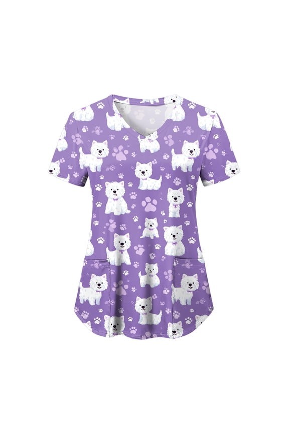 Scrubs for Women Animal Print Tops Short Sleeve Cartoon Pattern V Neck Stretchy Nursing Uniform with Pockets (Purple, XXL)