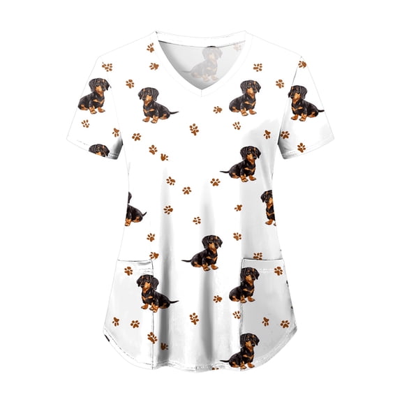 felwors Scrubs for Women Animal Print Tops Short Sleeve Cartoon Pattern V Neck Stretchy Nursing Uniform with Pockets (White, XXXL)