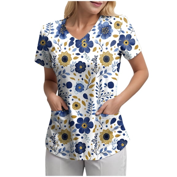 felwors Scrubs for Women Tops Animal Print Shirt V Neck Cartoon Pattern Short Sleeve Nursing Uniform with Pockets (Blue, XL)